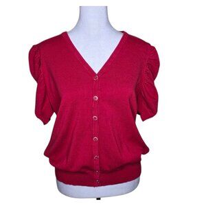 Debbie Morgan Short Sleeve Button Up Cardigan Sweater Womens Size L Red